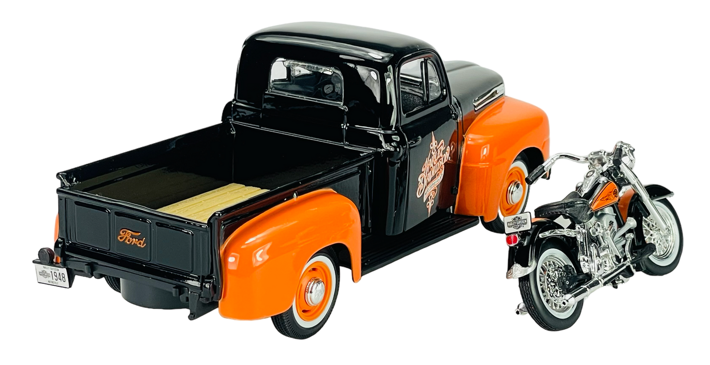 Model truck and motorcycle on a white background