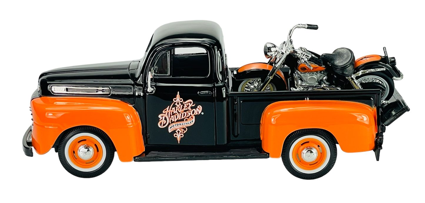 Model truck with motorcycle on white background