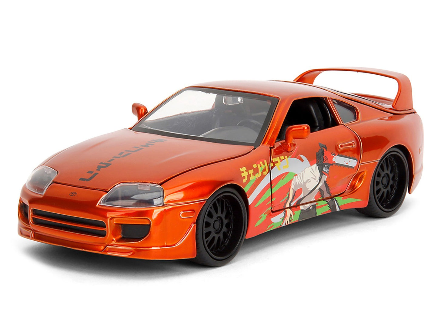 Orange model car with anime-style graphics on a white background