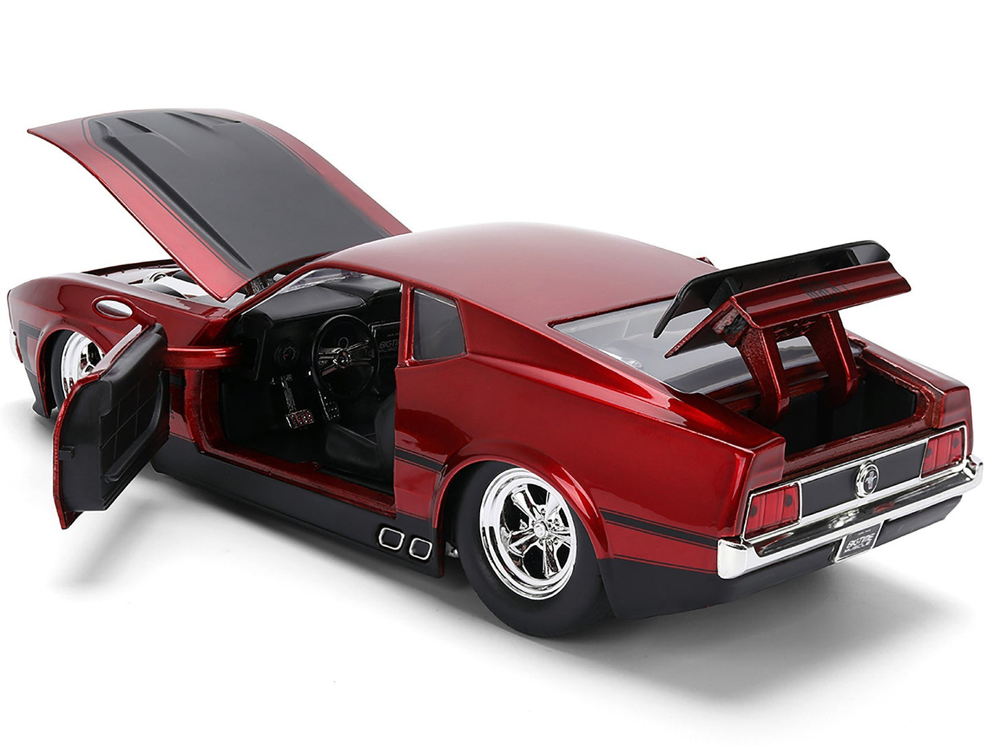 Red model car with open doors on a white background