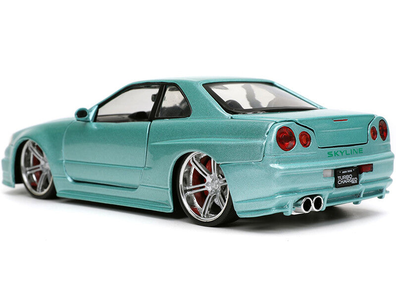 Model car of a turquoise Nissan Skyline on a white background
