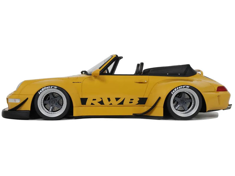 Yellow sports car with RWB branding on a white background