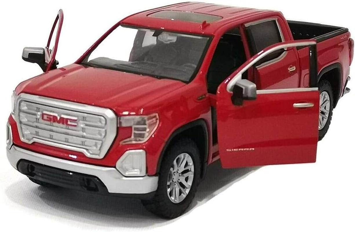 Red GMC truck model with open door on a white background