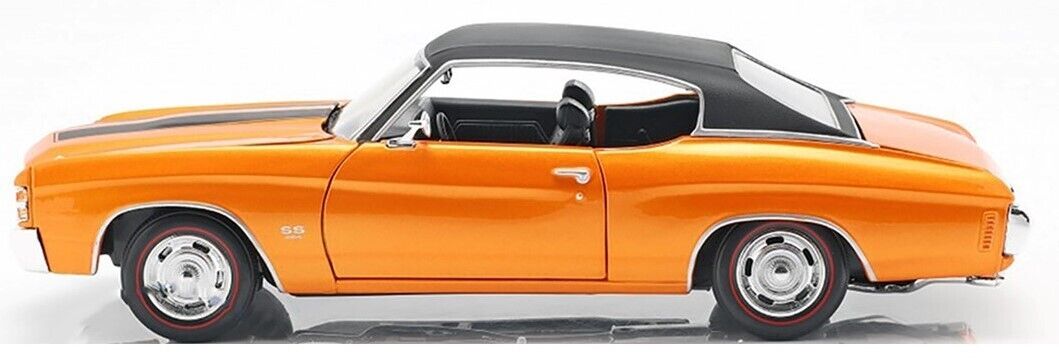 Orange classic car with black top on a white background