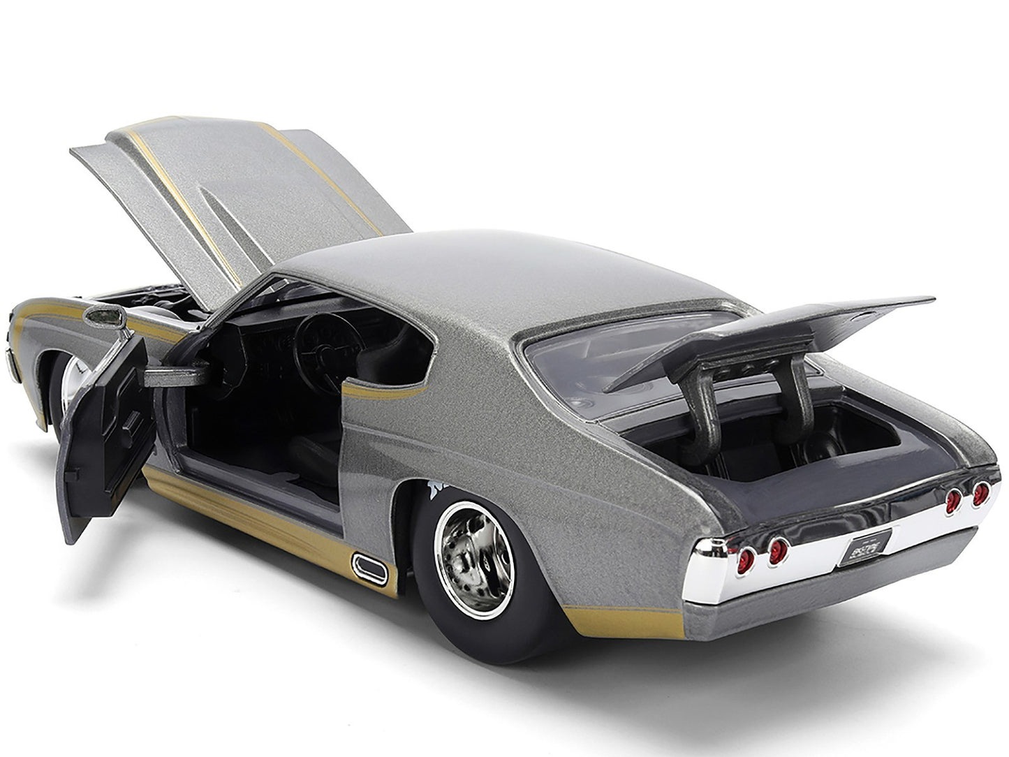 Model car with open doors and trunk on a white background