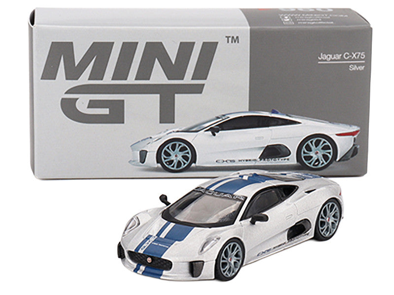 Model car of Jaguar C-X75 with 'MINI GT' branding and packaging.