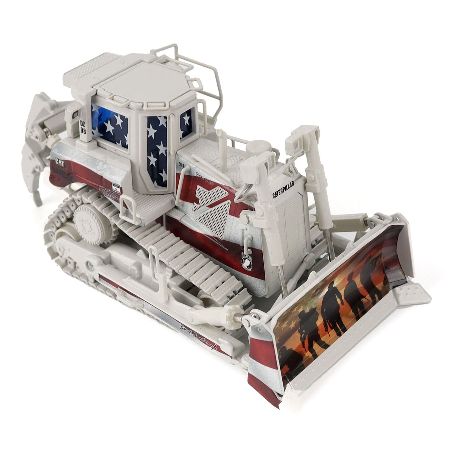 Model of a bulldozer with American flag design on a white background