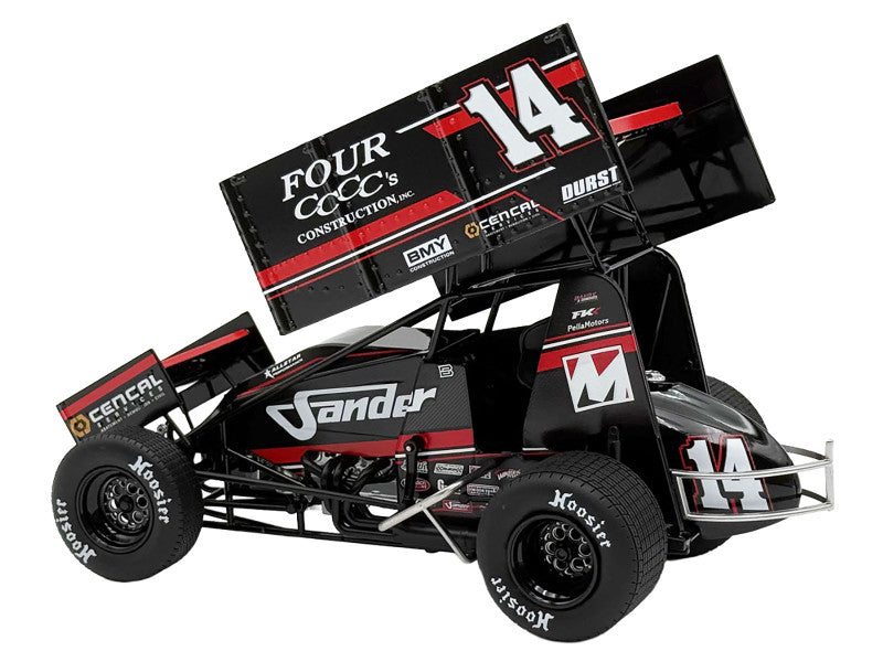 Model race car with various sponsor logos on a white background