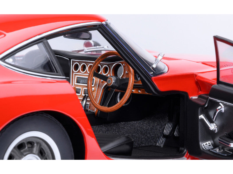 Close-up of a red classic car's interior with wooden steering wheel