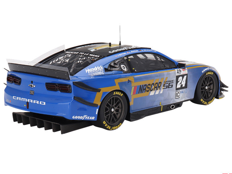 Model of a blue NASCAR race car with visible branding on a white background