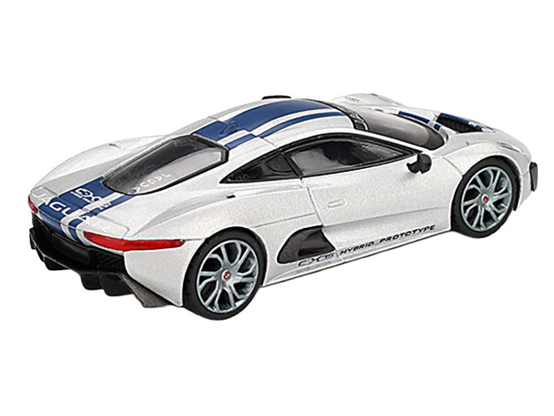Model car with white body, blue and red stripes on a white background