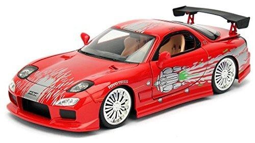 Red toy car with white wheels on a white background