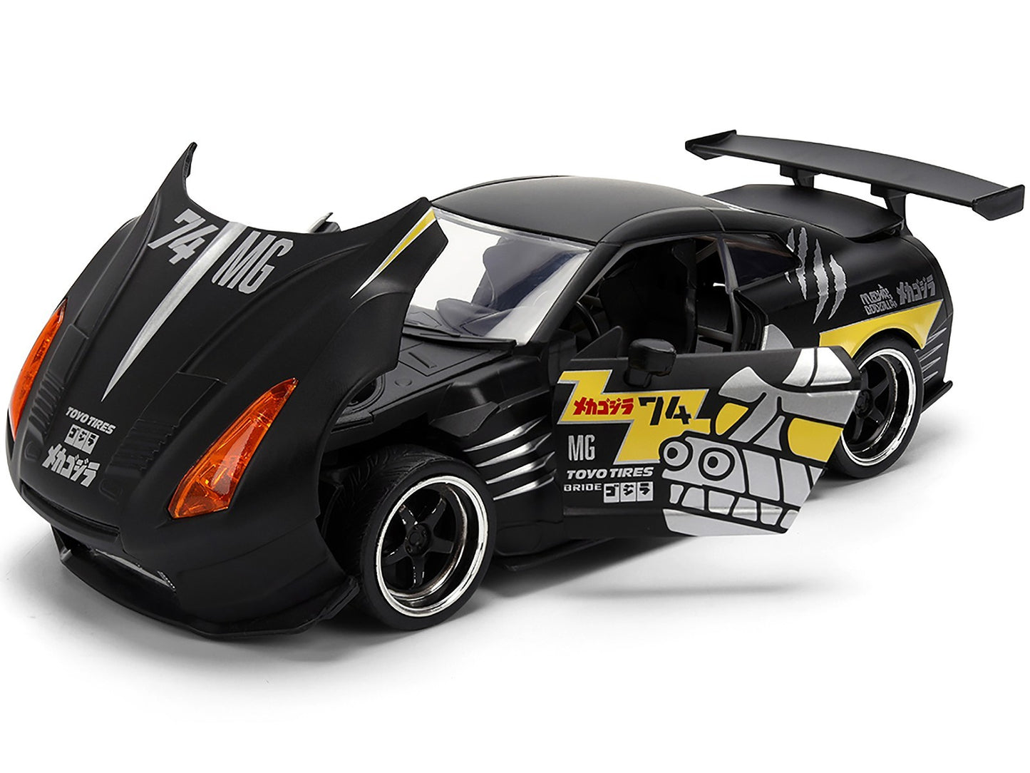 Black and yellow toy car with branding on a white background
