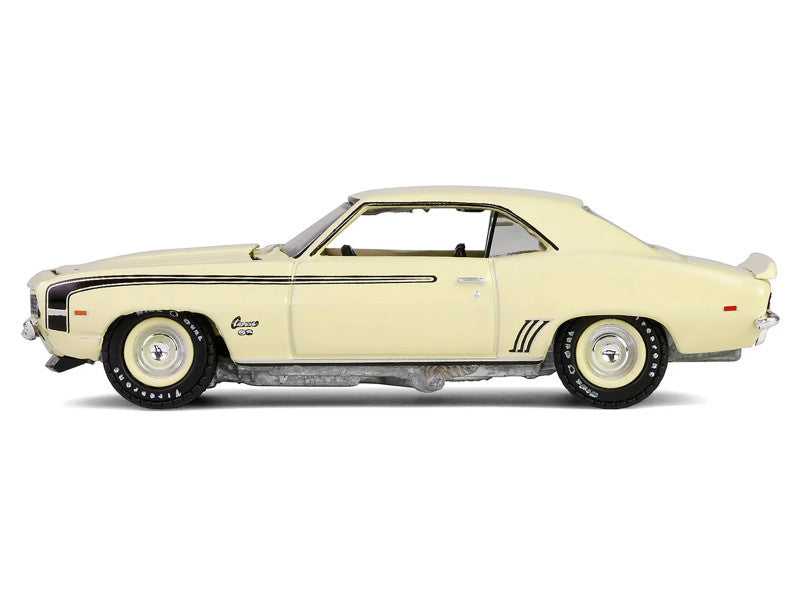 Model of a classic car in beige color on a white background