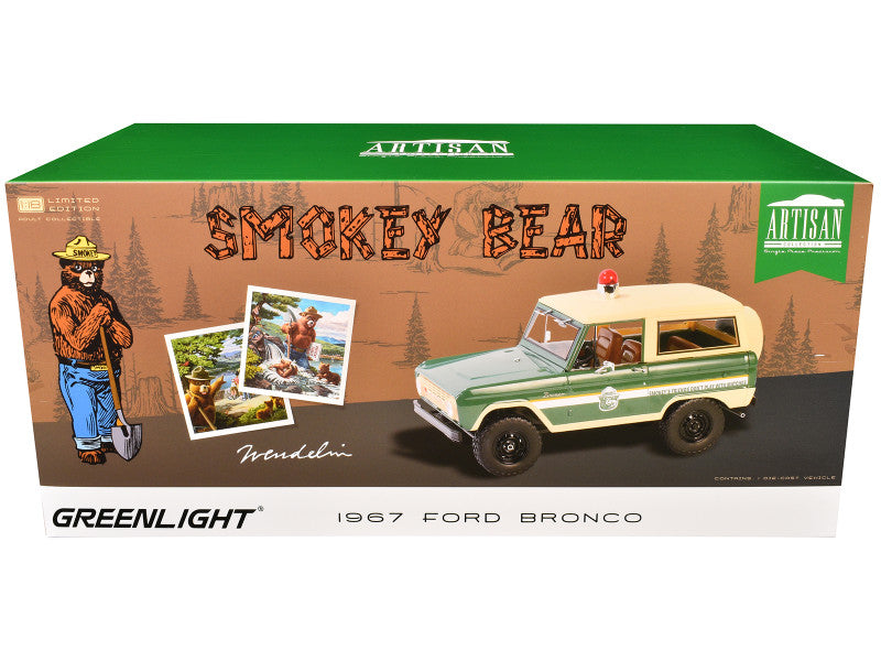Model truck packaging featuring Smokey Bear and a 1967 Ford Bronco, with Greenlight branding.