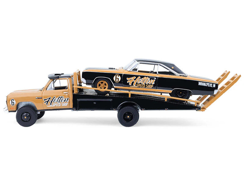 Model truck with a trailer carrying another vehicle, featuring 'Holley Speed Shop' branding on a white background.