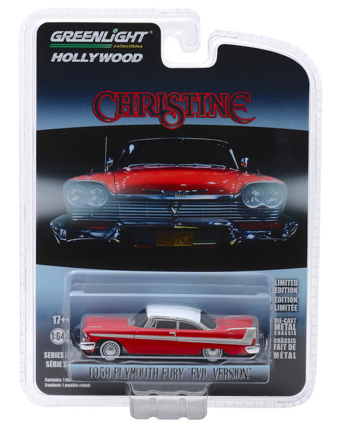 Model car packaging for 'Christine' 1958 Plymouth Fury with Greenlight Hollywood branding.