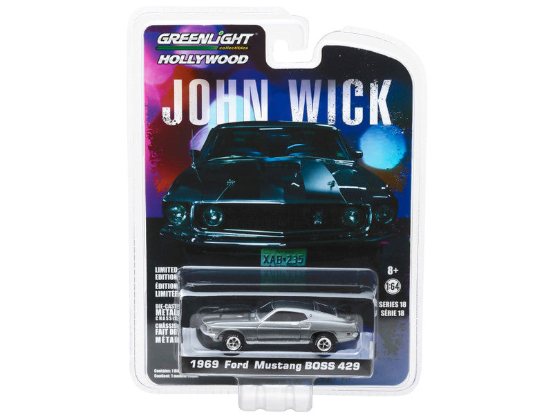 John Wick 1969 Ford Mustang Boss 429 model car on a Greenlight Hollywood packaging