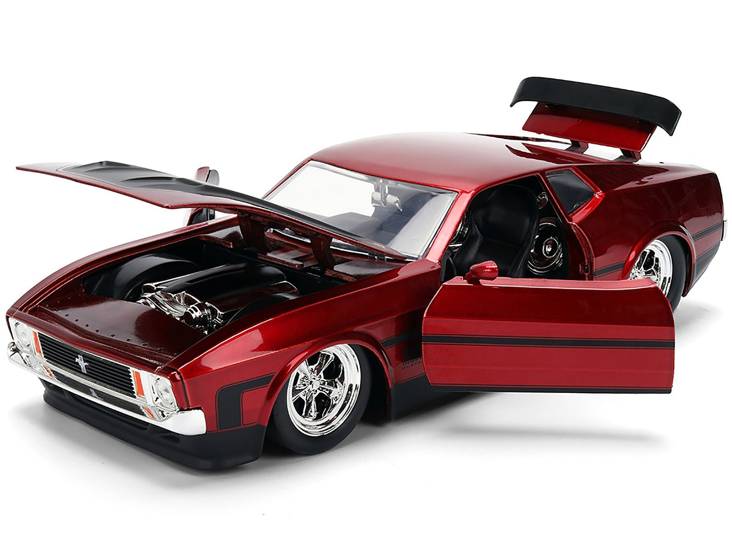 Red model car with open doors on a white background