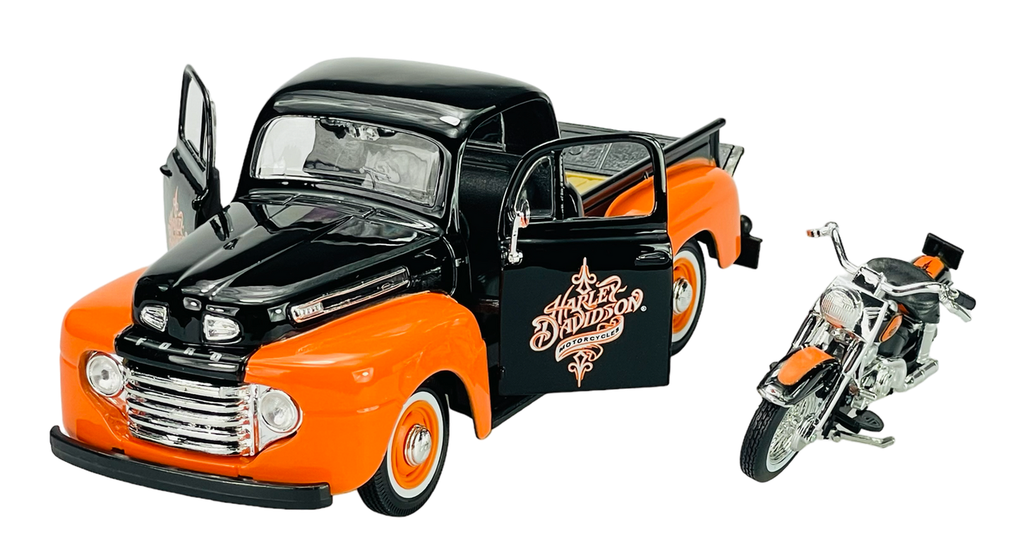 Model truck and motorcycle on a white background