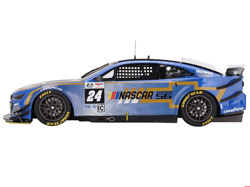 Model of a NASCAR race car with multiple sponsor logos on a white background
