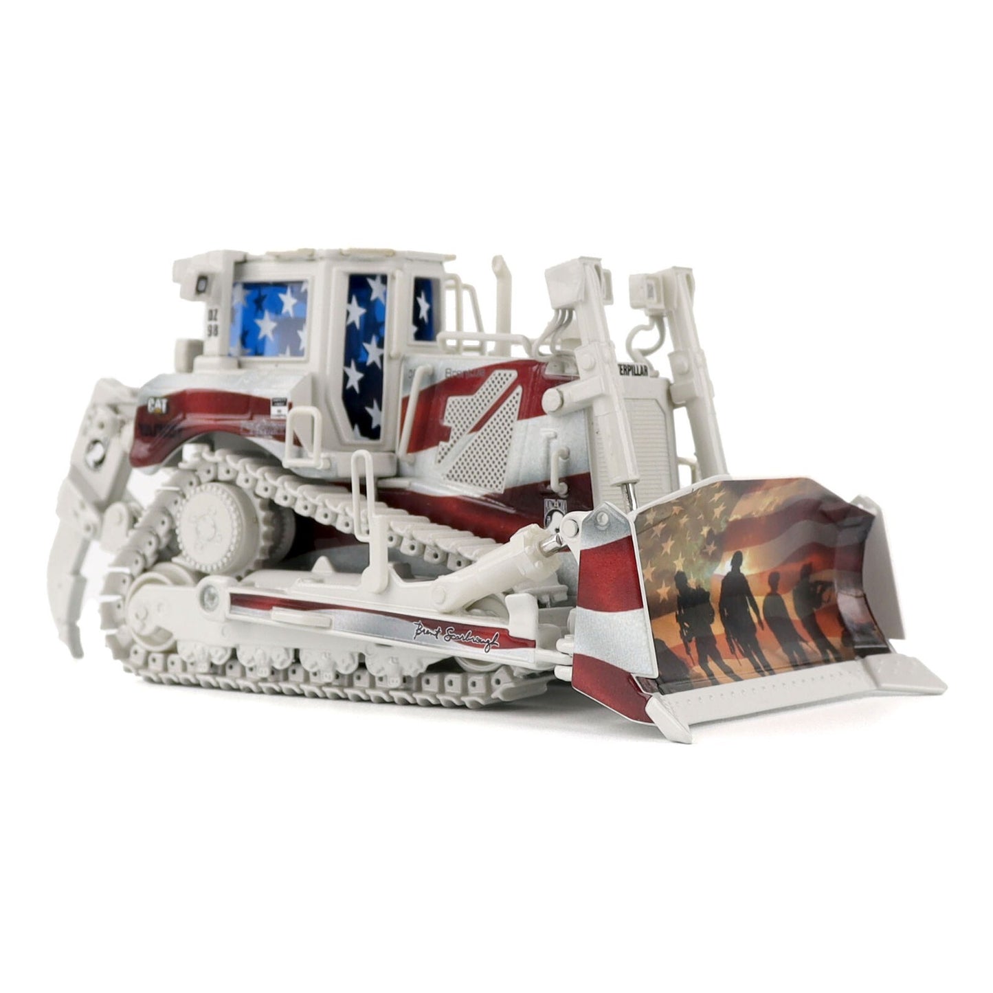Model of a bulldozer with American flag design on a white background