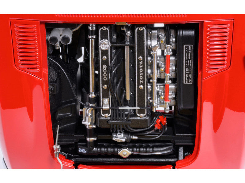 Close-up of a Toyota engine in a red vehicle