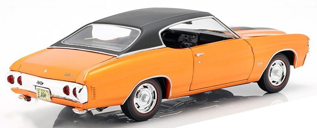 Orange classic car with black top on a white background