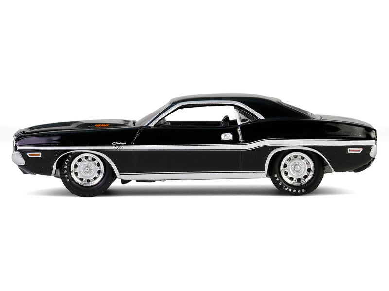 Black muscle car with white stripes on a white background