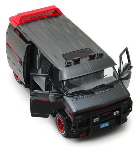Model of a black van with red accents on a white background