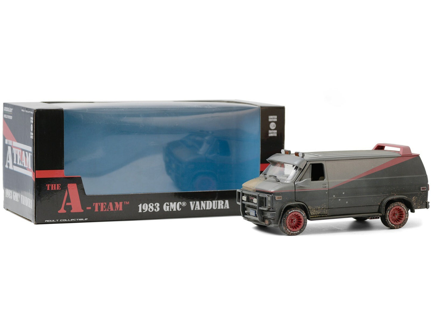 Model van from 'The A-Team' series with packaging on a white background