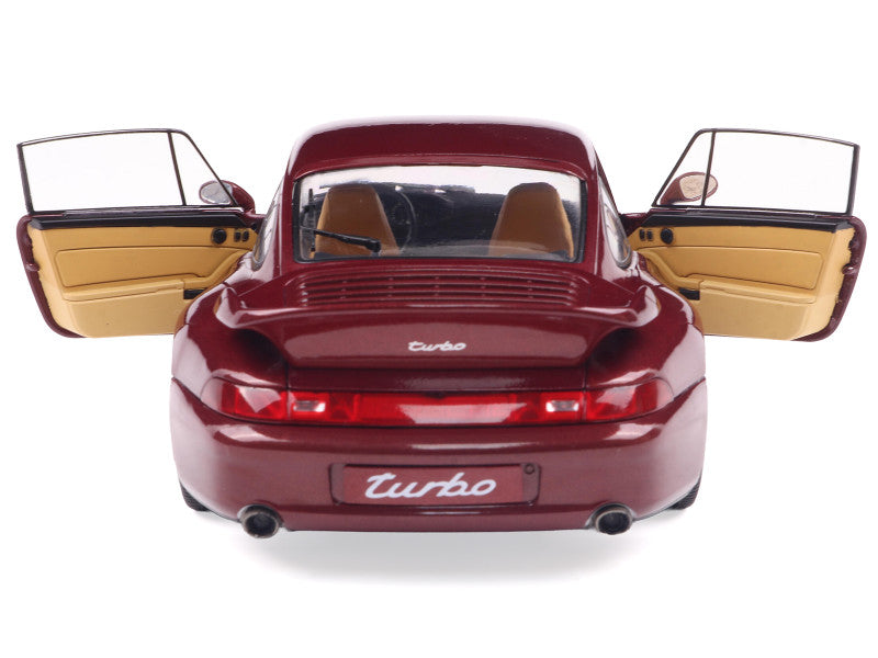 Red Porsche 911 Turbo car with open doors on a white background