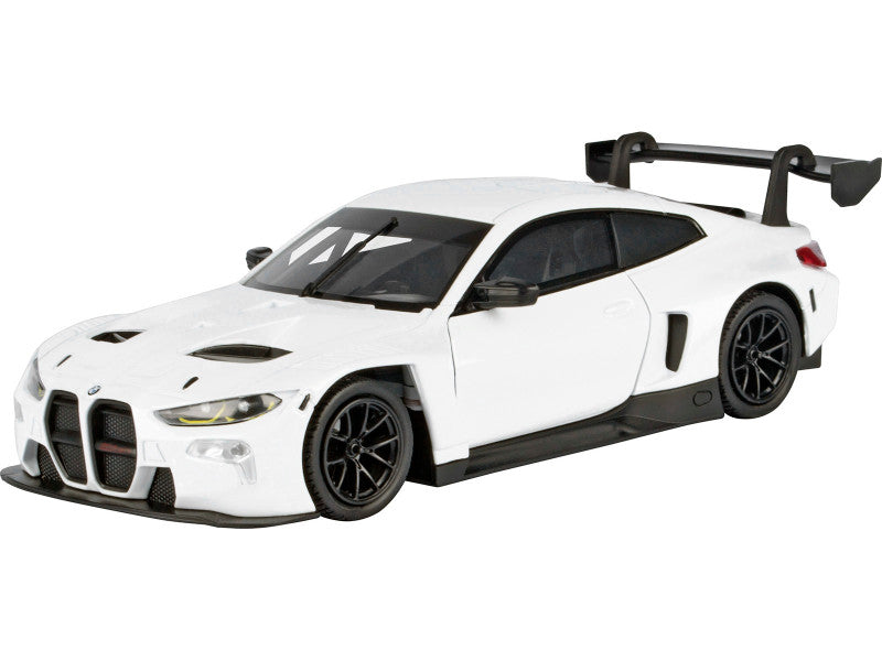 White sports car model with black details on a white background