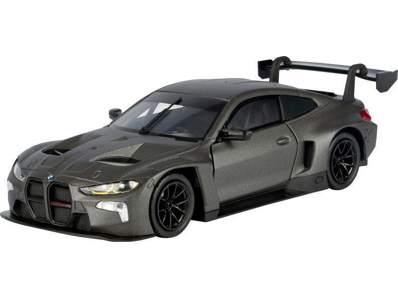 Model of a sports car with a large rear wing on a white background