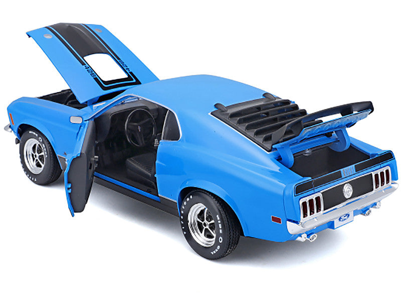 Blue model car with open doors and hood on a white background