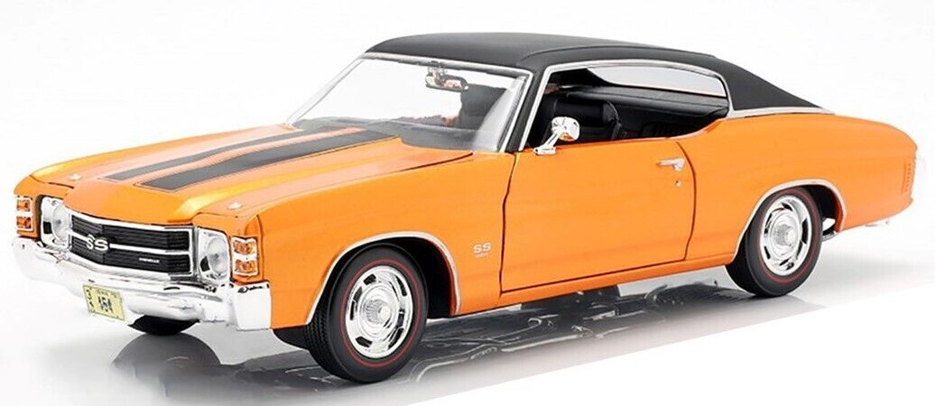 Orange muscle car with black roof on a white background