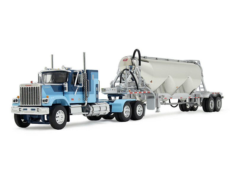 Model of a blue truck with a cement mixer on a white background