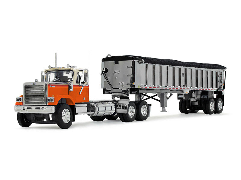 Model truck with an orange cab and gray trailer on a white background