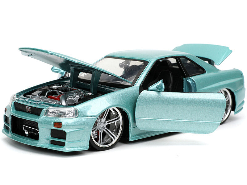 Light blue model car with open doors on a white background