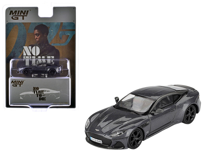 Gray sports car model with packaging featuring a character and 'No Time to Die' text.