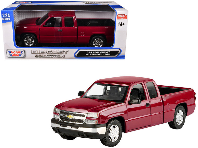 Red Chevrolet Silverado model truck in front of its packaging
