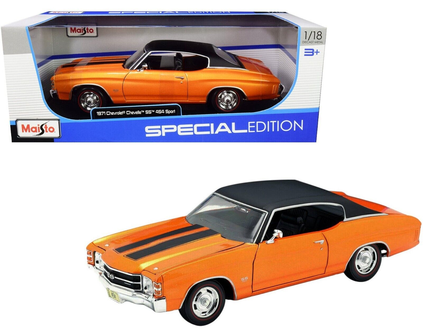 Orange and black model car with 'Maisto' packaging on a white background