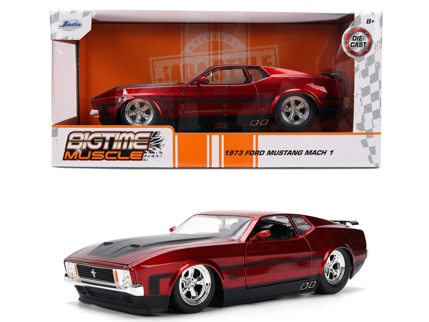 1973 Ford Mustang Mach 1 model car in packaging with 'Bigtime Muscle' branding.
