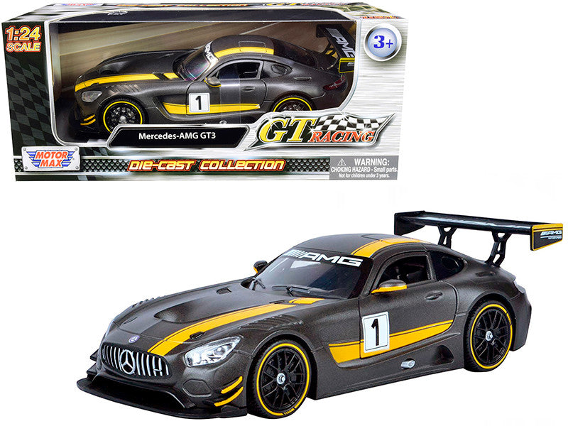 Model car with Mercedes-AMG GT3 design in front of its packaging