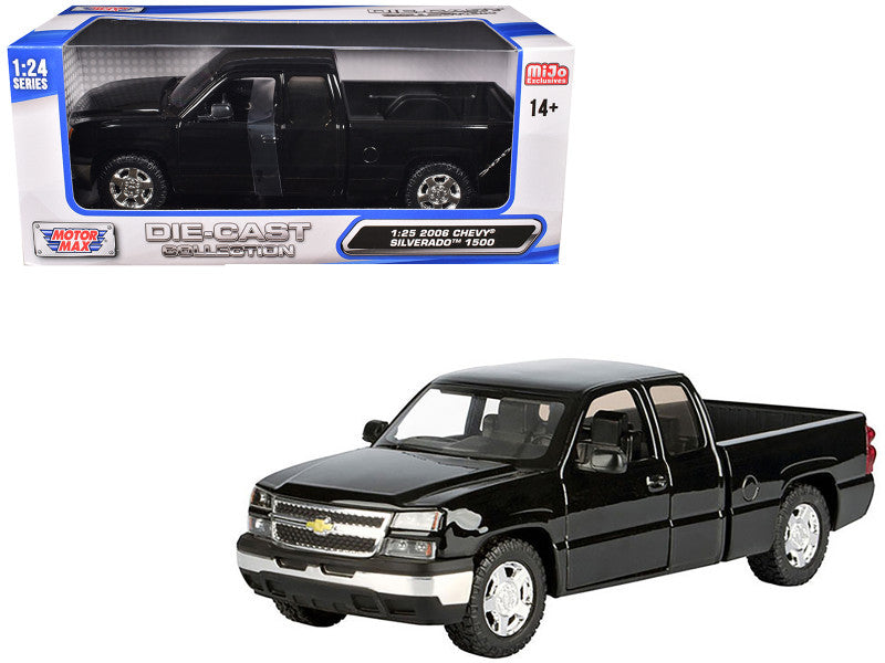Black Chevrolet Silverado 1500 diecast model truck in packaging