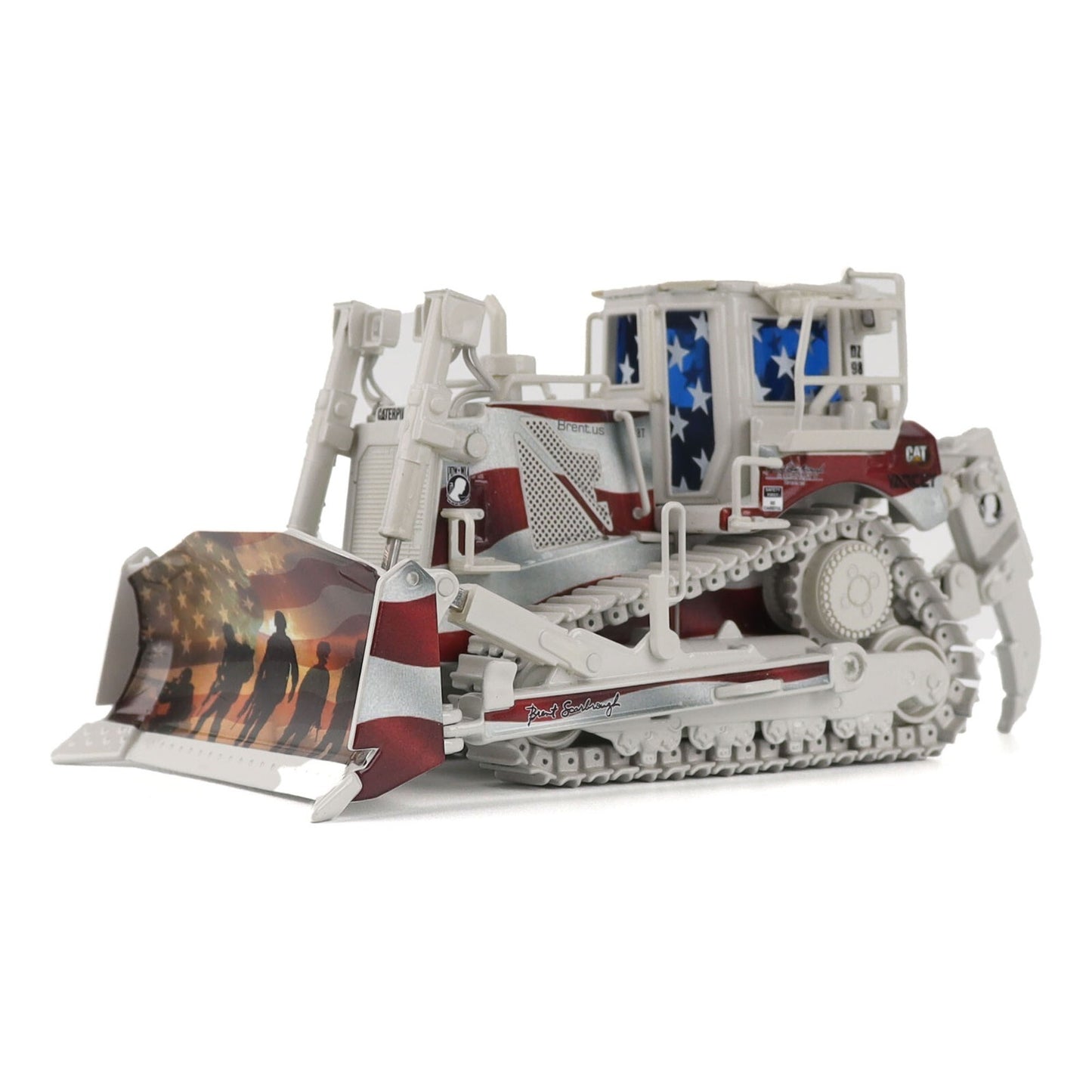 Model of a bulldozer with an American flag design on a white background