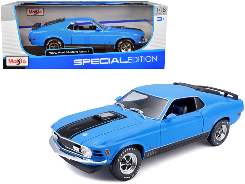 Blue model car with black stripes in front of its packaging on a white background