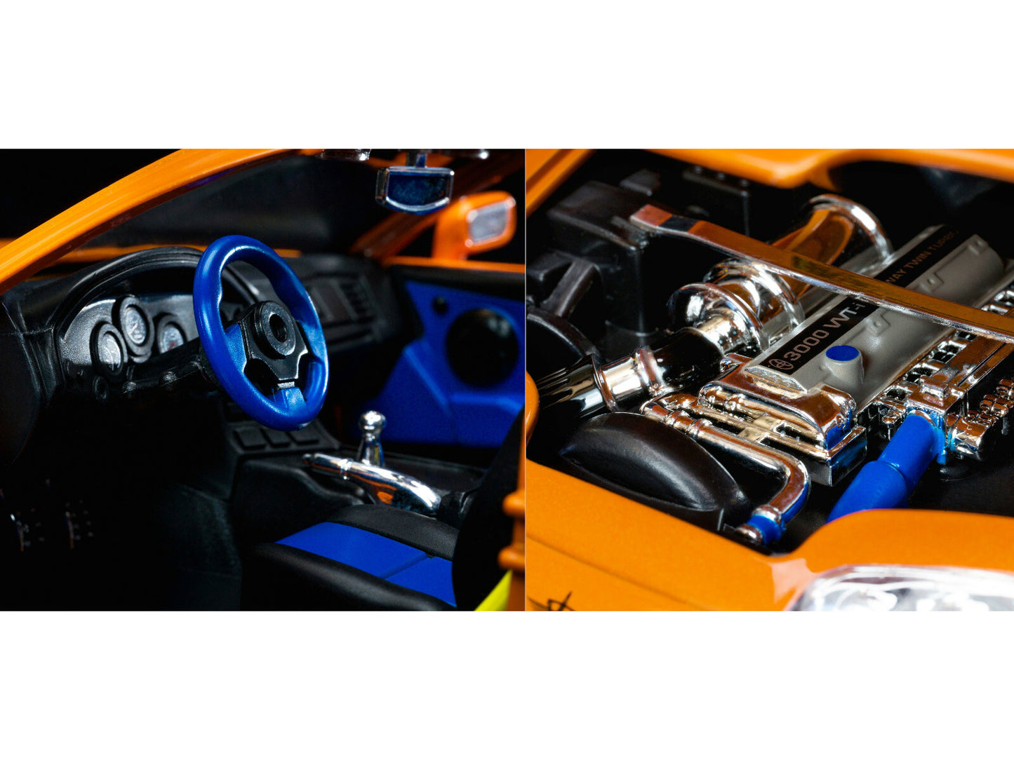 Close-up of a car's interior with steering wheel and dashboard, and an engine compartment.