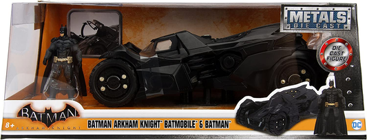 Boxed diecast model of Arkham Knight Batmobile with Batman figurine, predominantly black in color with detailed modeling.