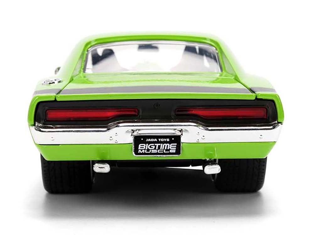 Green muscle car model with 'Bigtime Muscle' license plate on a white background
